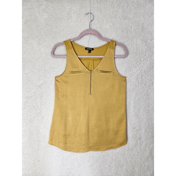Express Women Top Small Yellow Chiffon Blend Sleeveless 1/4 Zip Tank Blouse - Picture 1 of 16